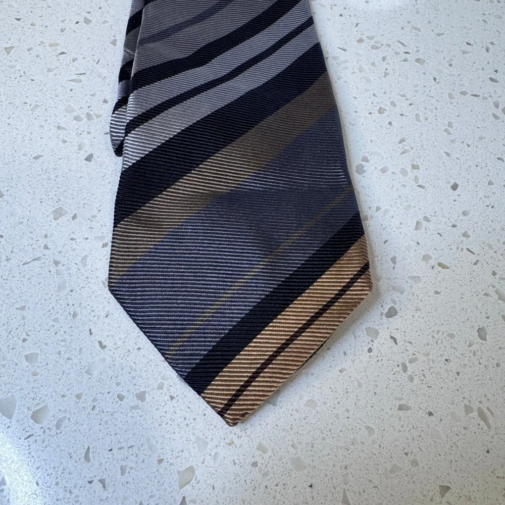 Tino Cosma Silk Necktie Mens Black Grey Bronze Striped Made in Italy Tie